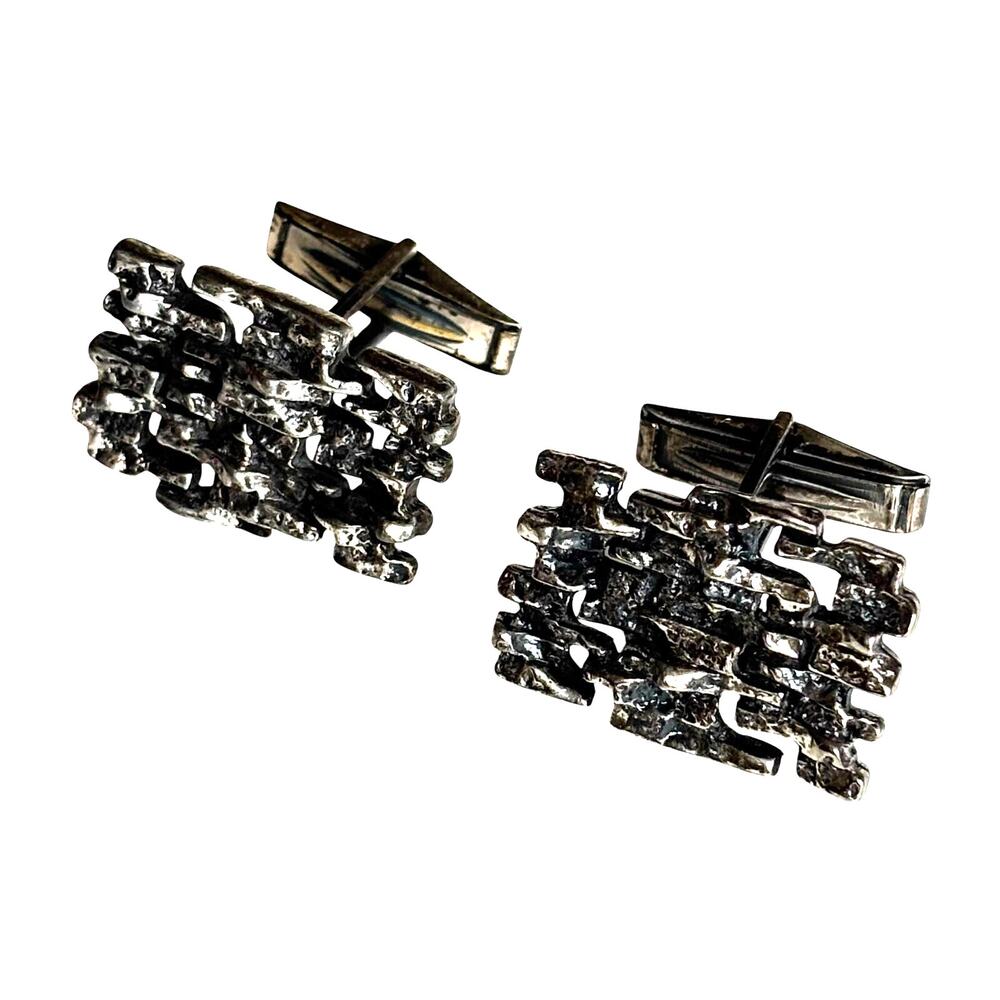 Vintage mid century cufflinks silver & black brutalist design atomic age signed